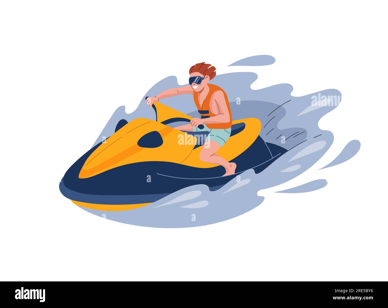 Ein fröhlicher Mann fährt Jetski. Sommerurlaub, extreme Wassersportarten und Resort Strandaktivitäten. Isolierter Touristenvektor in Schwimmweste und Sonnenbrille, Wasserroller, Jetski Stock Vektor