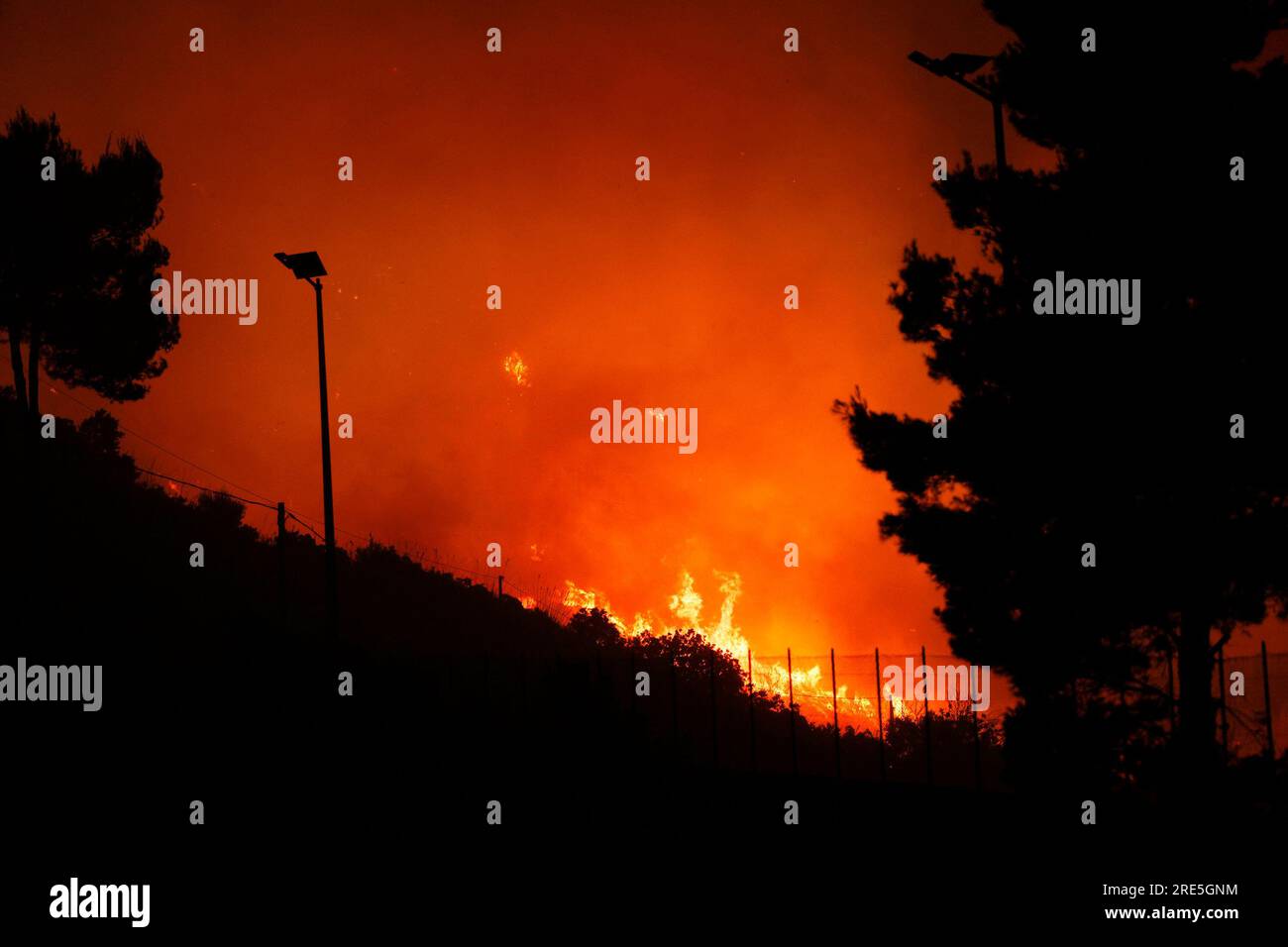 Borgetto (PA) - 25/07/2023, BRANDNOTFALL ROMITELLO ZERSTÖRT DURCH FLAMMEN URLAUBER EVAKUIERT auf dem Foto Monte Gradara in Brand im gesamten Romitello Bereich Editorial Usage Only Stockfoto