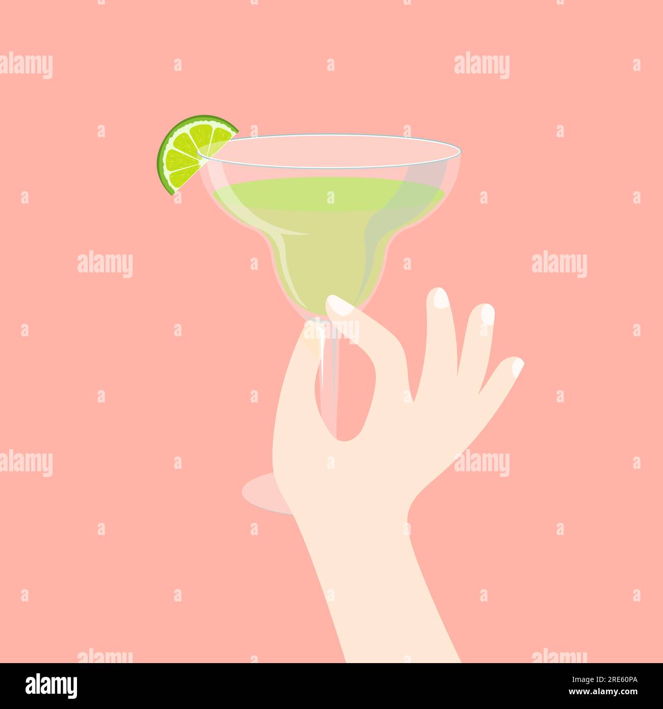 Eine Hand hält ein Glas auf elegante Weise. Margarita-Cocktail mit Limettenscheibe. Vektordarstellung im trendigen flachen Stil, isoliert auf pinkfarbenem Hintergrund. Stock Vektor