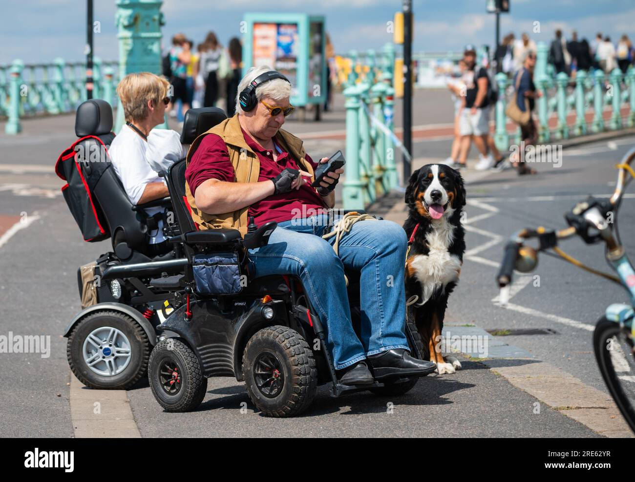 Männlich und weiblich, beide in Mobilitätsrollern mit Hund, mit Mobiltelefon, im Sommer auf der Promenade in Brighton & Hove, England, Großbritannien. Stockfoto