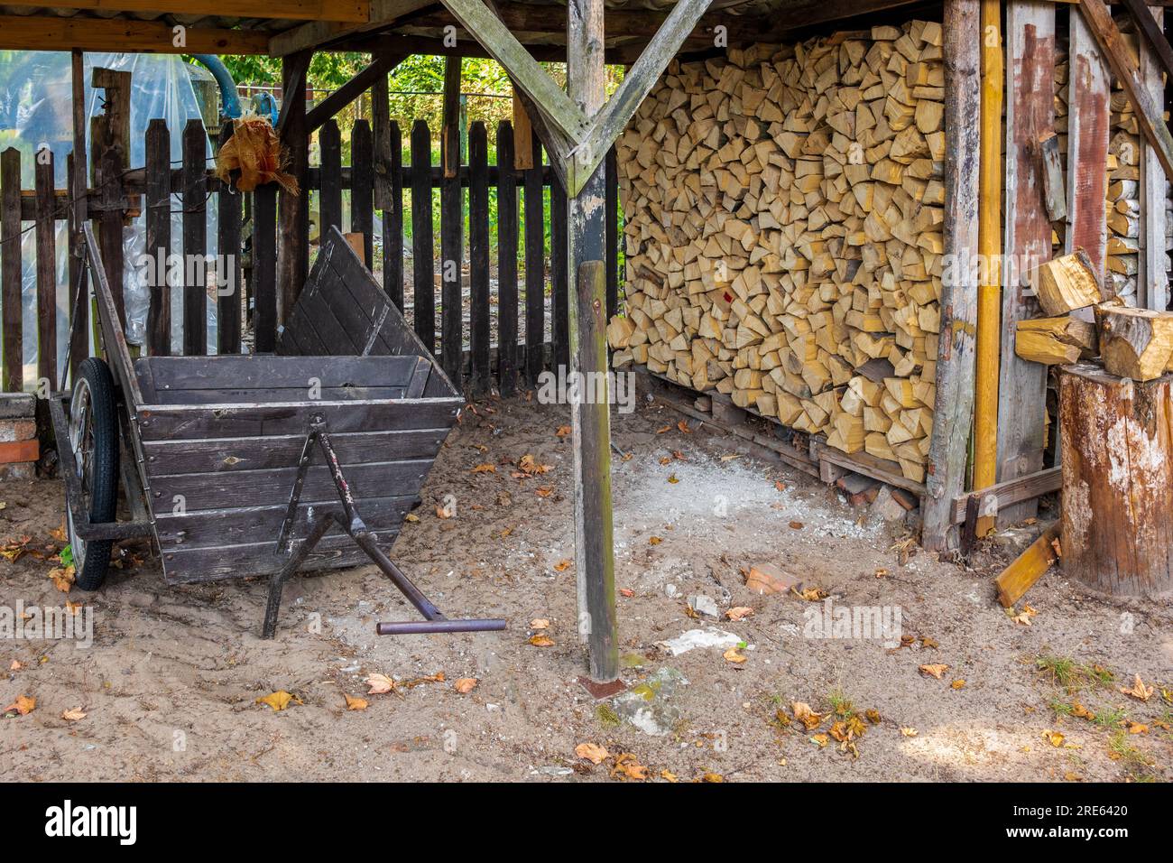 Traditioneller Bauernhof in einem polnischen Dorf, ländliche Gemeinde, polnische Landschaft, Dorfleben. Armut. Stockfoto