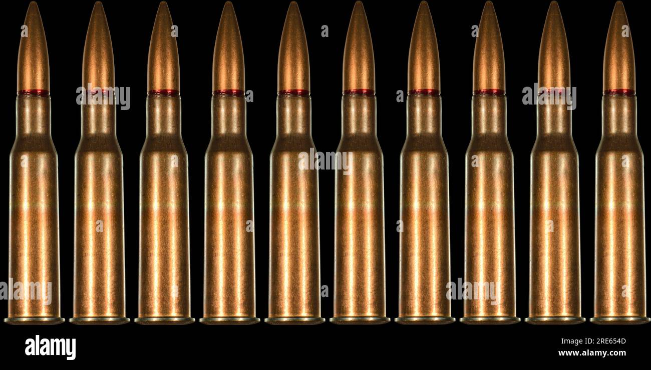 7,62x54r-Gewehrkartusche für russisches Mosin Nagant-Gewehr in nahtlosem Fliesenmuster angeordnet. Stockfoto