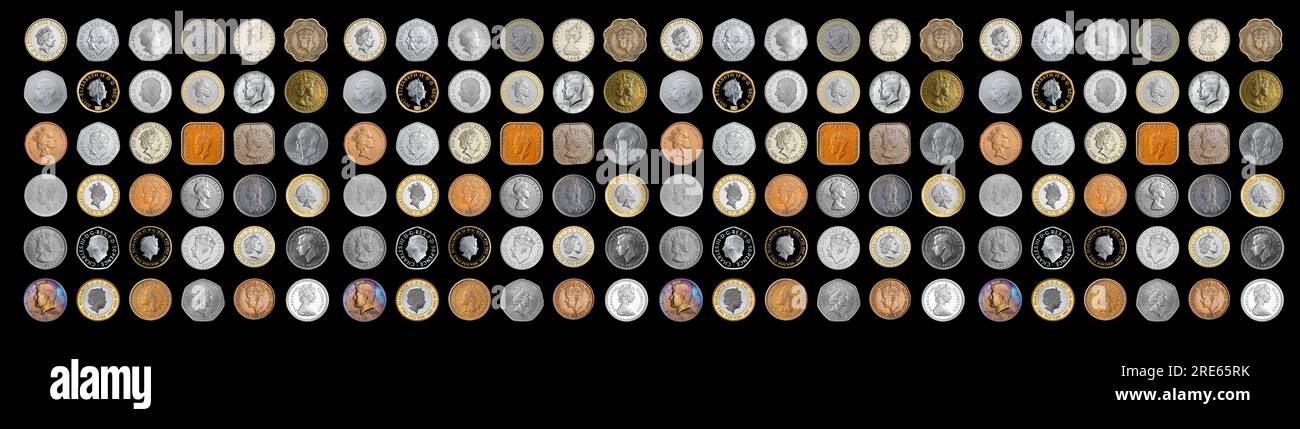 Eine Mischung aus Münzen aus Großbritannien und den USA mit Queen Victoria, Queen Elizabeth II, King Charles III, George VI, JFK, Eisenhower Stockfoto