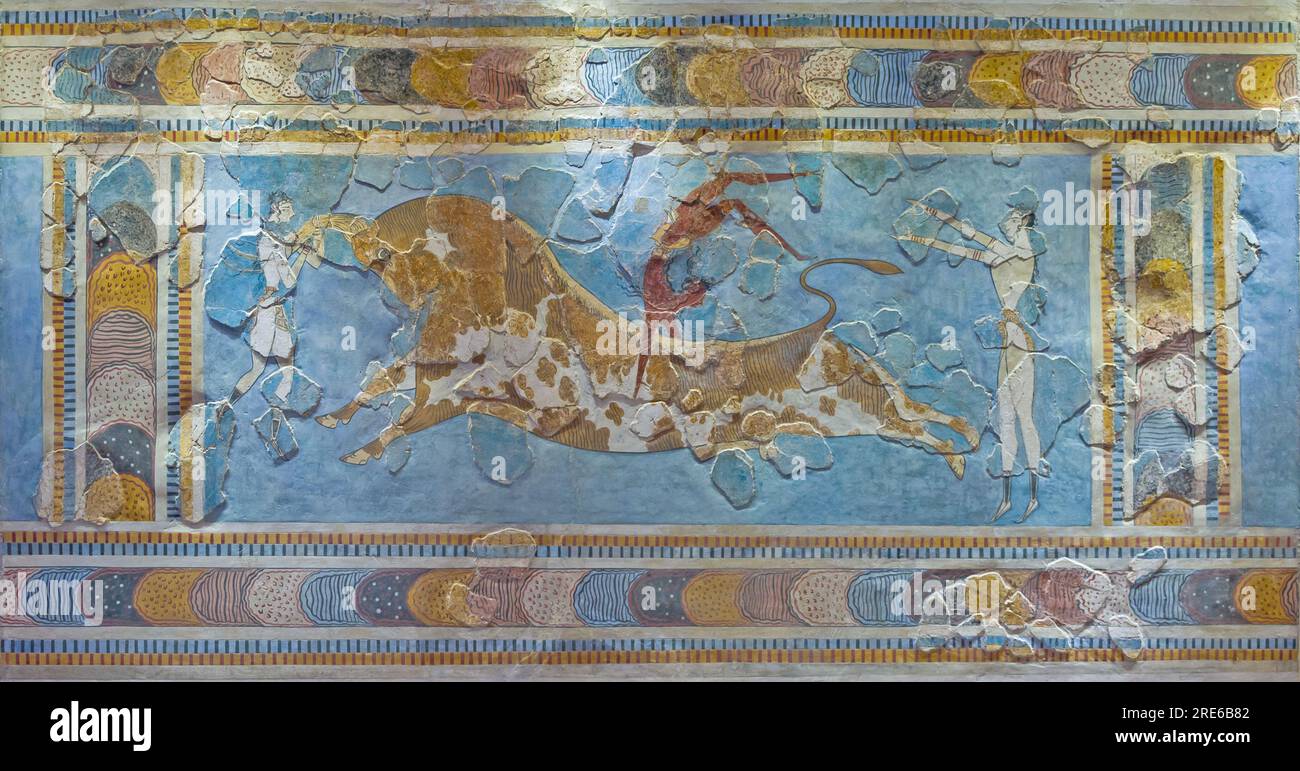 Titel: Toreador Bull-Leaping Fresco Ort: Knossos Palast, Kreta, Griechenland Medium: Fresco (Wandgemälde) Stockfoto