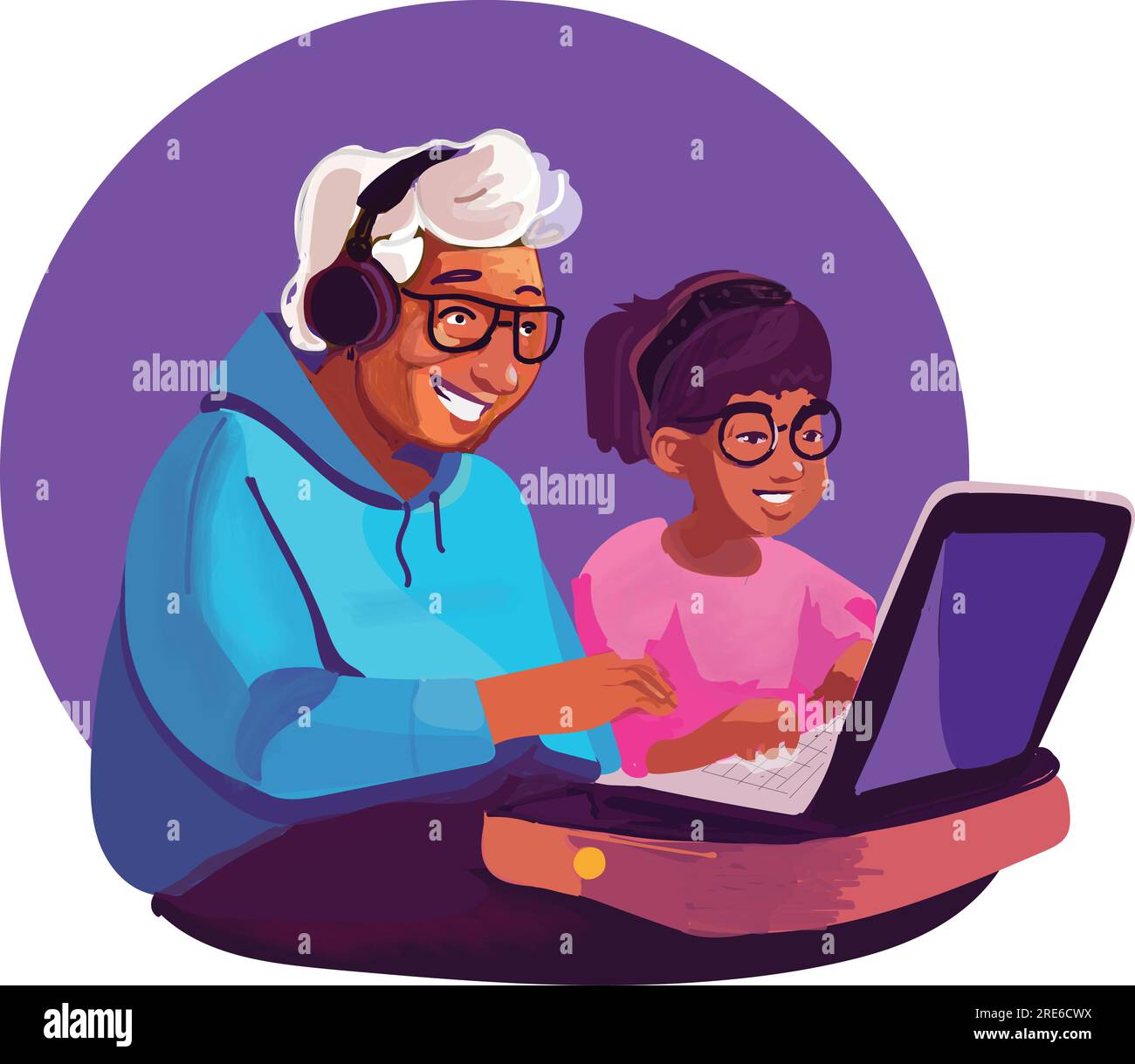 Vektordarstellung einer Großmutter, die mit ihrer Enkelin Computerspiele spielt, Senioren und Technologiekonzept Stock Vektor