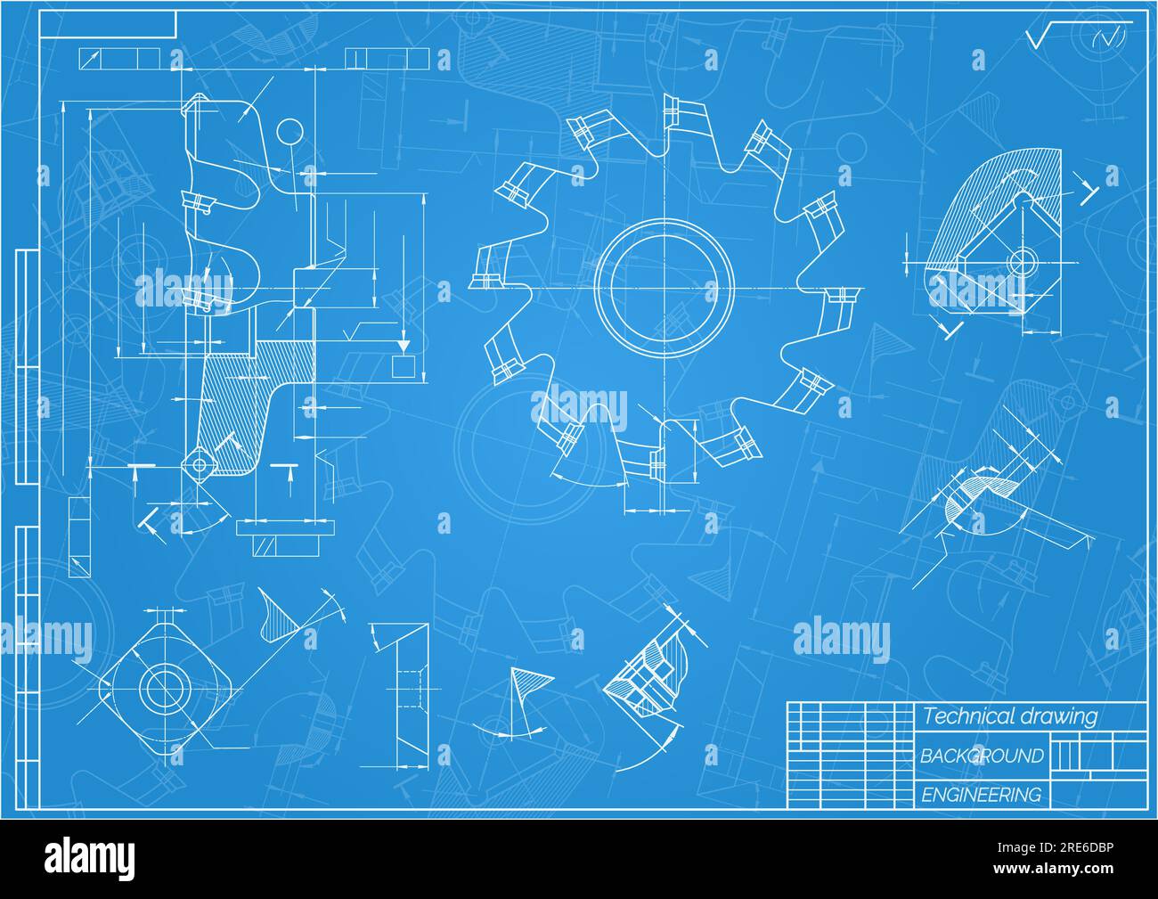 Zeichnungen des Maschinenbaus auf blauem Hintergrund. Schneidwerkzeuge, Fräser. Technisches Design. Deckung. Stock Vektor