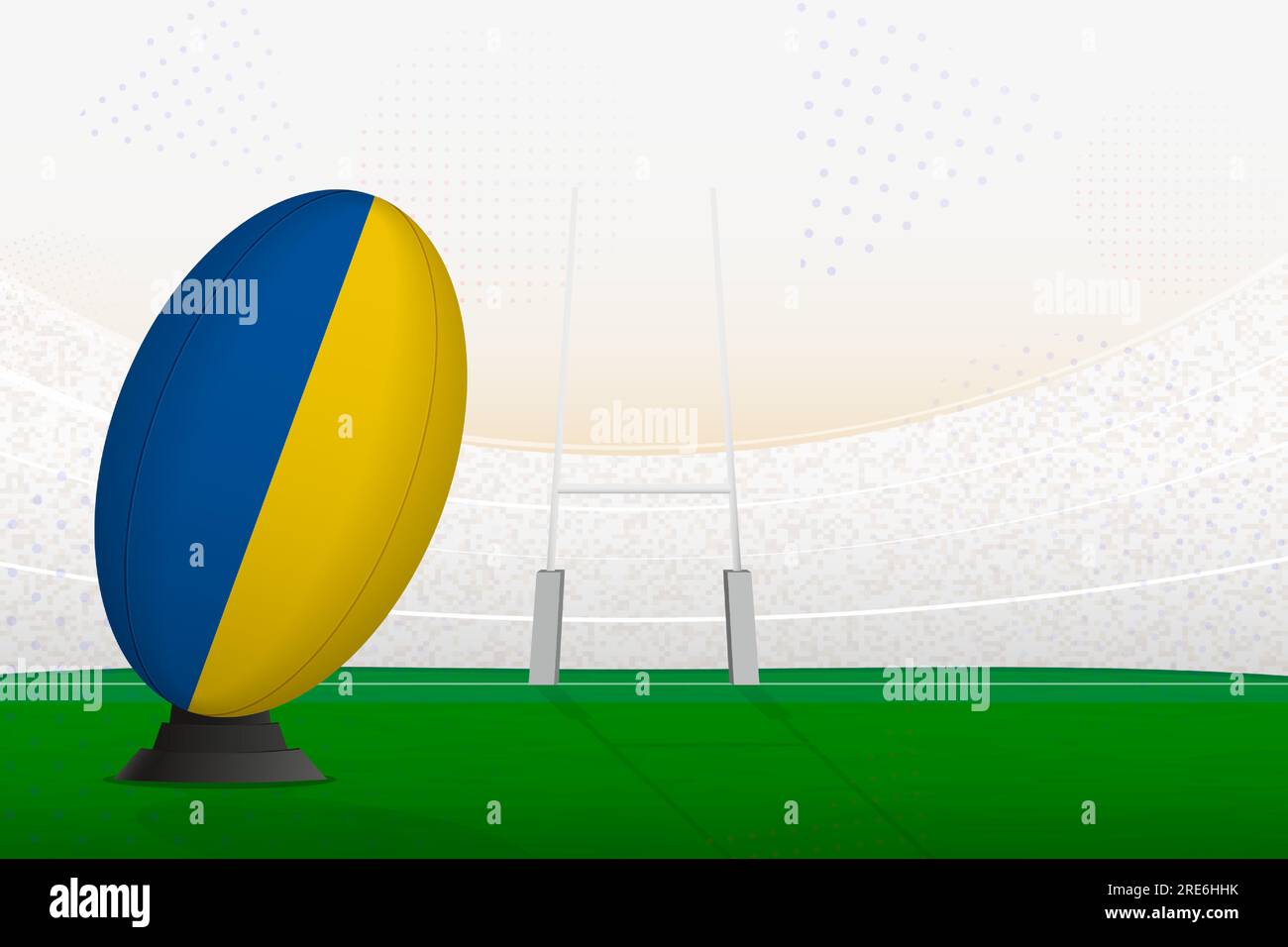 Rugbyball der ukrainischen Nationalmannschaft auf Rugbystadion und Torpfosten, Vorbereitung auf einen Elfmeterball oder Freistoß. Vektordarstellung. Stock Vektor