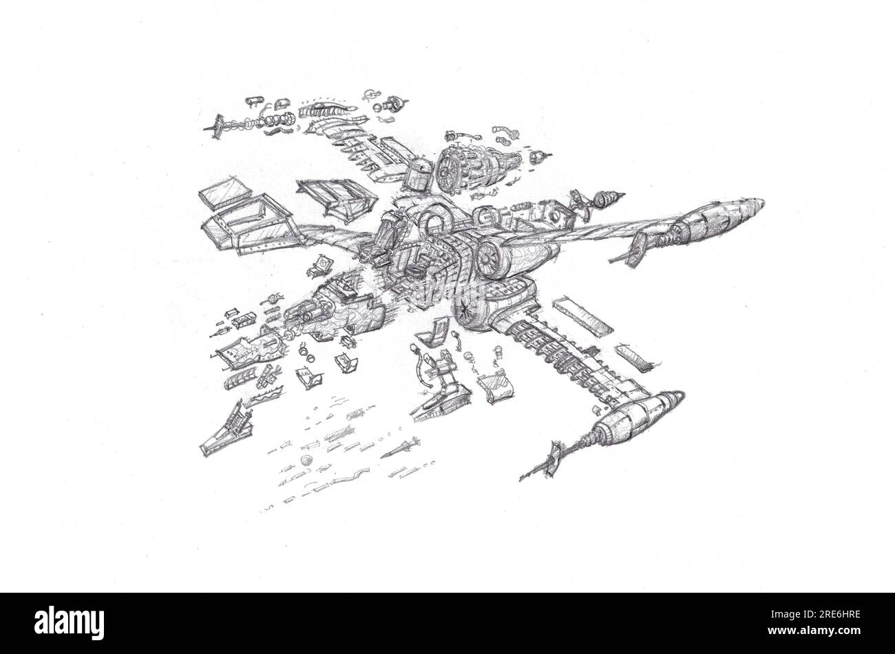 Raumschiff-Schnittbild mit Explosion von Flügel-Spa, Schutzdach, vier Triebwerken, Schleudersitz, Laserpistole, Cockpit und mehr. Zeichnen mit Bleistift. Stockfoto