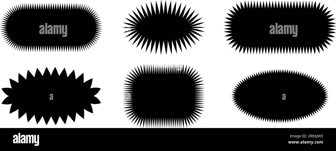 Kollektion mit ovalen Zickzackkanten. Gezackte elliptische und gekrümmte Elemente. Schwarze grafische Designelemente für Dekoration, Banner, Poster, Vorlage, Aufkleber, Marke, Etikett, Stempel, Emblem. Vektor Stock Vektor