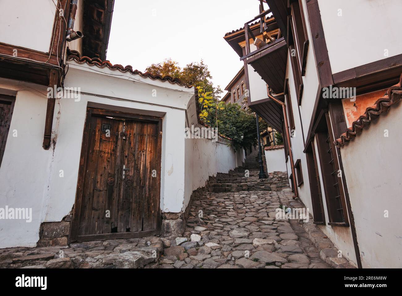 Traditionelle Häuser im Architekturstil der Wiedergeburt im historischen Zentrum von Plowdiw, Bulgarien Stockfoto