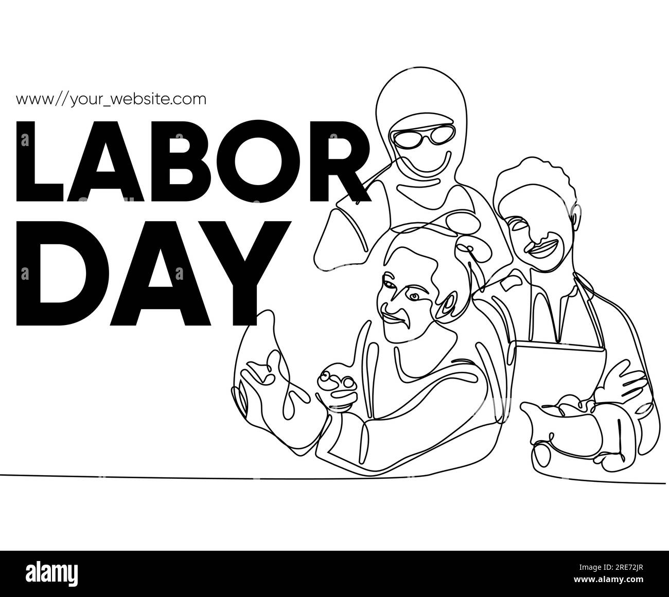 Happy Labour Day einfaches Vektor-Webbanner. Werkzeugsatz. Schriftzug Zum Tag Der Arbeit. Schwarzweißer Hintergrund, Banner, Poster. Vektordarstellung Stock Vektor