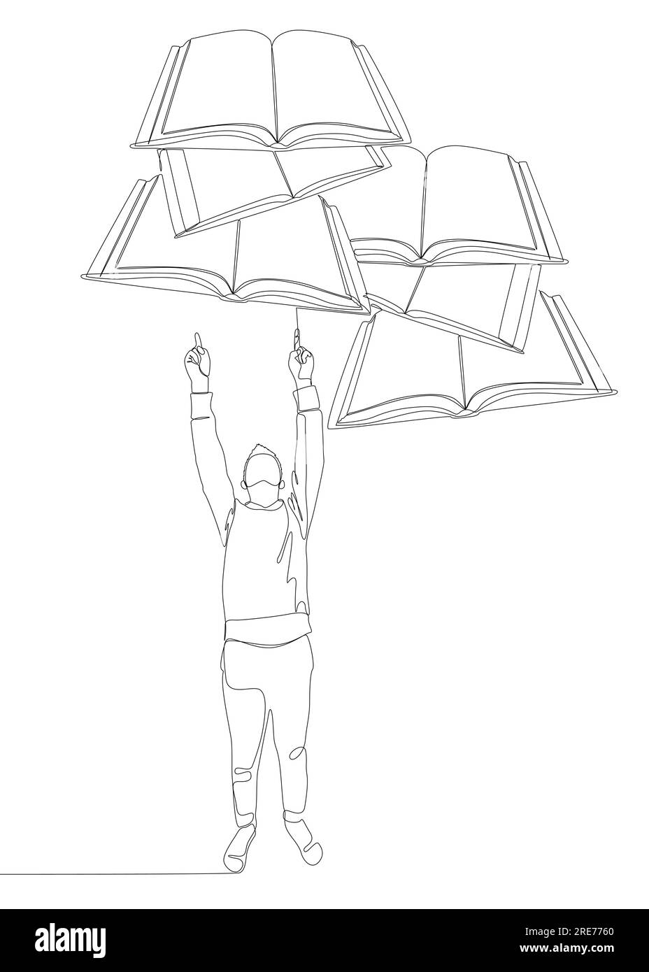 Eine durchgehende Linie von Mann zeigt mit dem Finger auf das Buch. Vektorkonzept zur Darstellung dünner Linien. Kontur Zeichnen kreativer Ideen. Stock Vektor