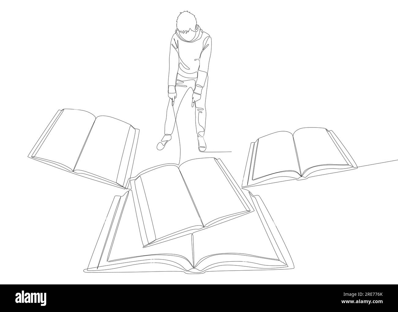 Eine durchgehende Linie von Mann zeigt mit dem Finger auf das Buch. Vektorkonzept zur Darstellung dünner Linien. Kontur Zeichnen kreativer Ideen. Stock Vektor
