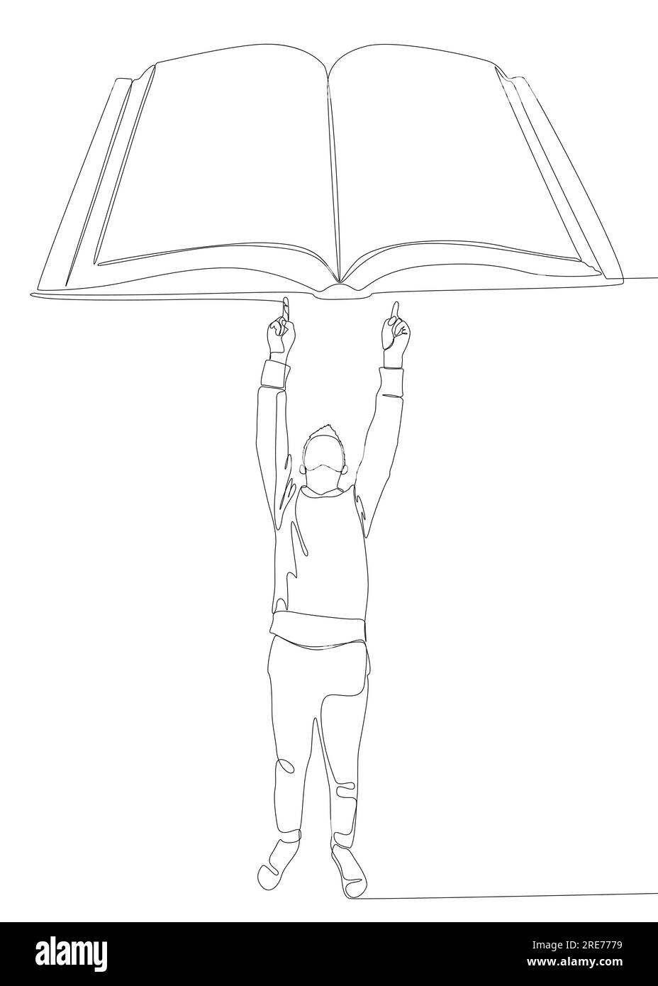 Eine durchgehende Linie von Mann zeigt mit dem Finger auf das Buch. Vektorkonzept zur Darstellung dünner Linien. Kontur Zeichnen kreativer Ideen. Stock Vektor