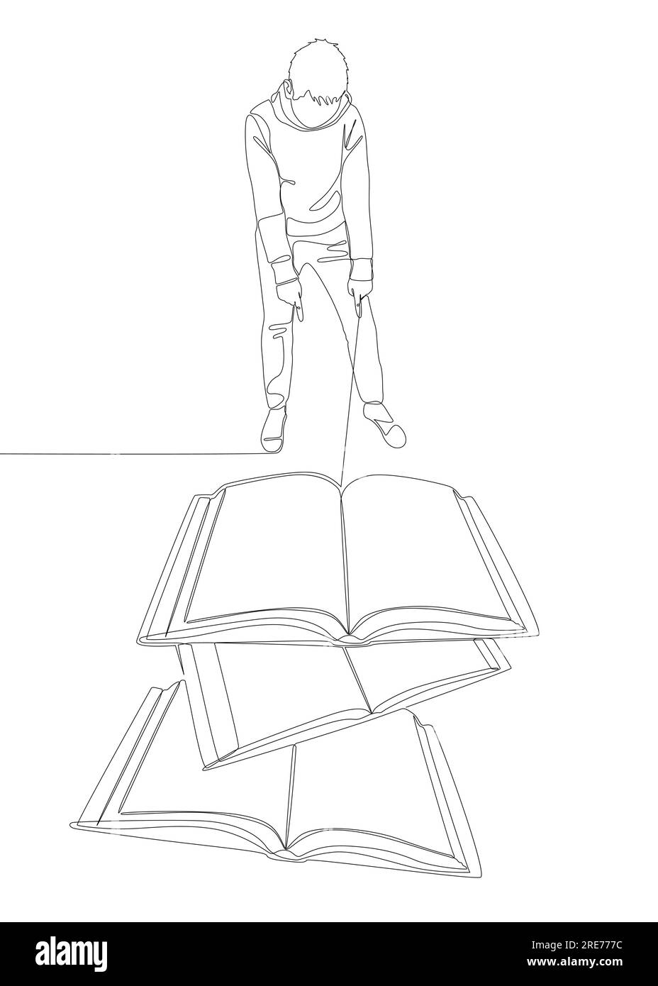 Eine durchgehende Linie von Mann zeigt mit dem Finger auf das Buch. Vektorkonzept zur Darstellung dünner Linien. Kontur Zeichnen kreativer Ideen. Stock Vektor