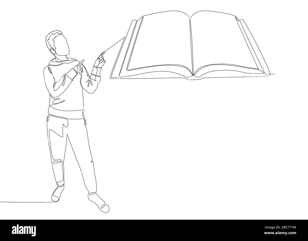 Eine durchgehende Linie von Mann zeigt mit dem Finger auf das Buch. Vektorkonzept zur Darstellung dünner Linien. Kontur Zeichnen kreativer Ideen. Stock Vektor