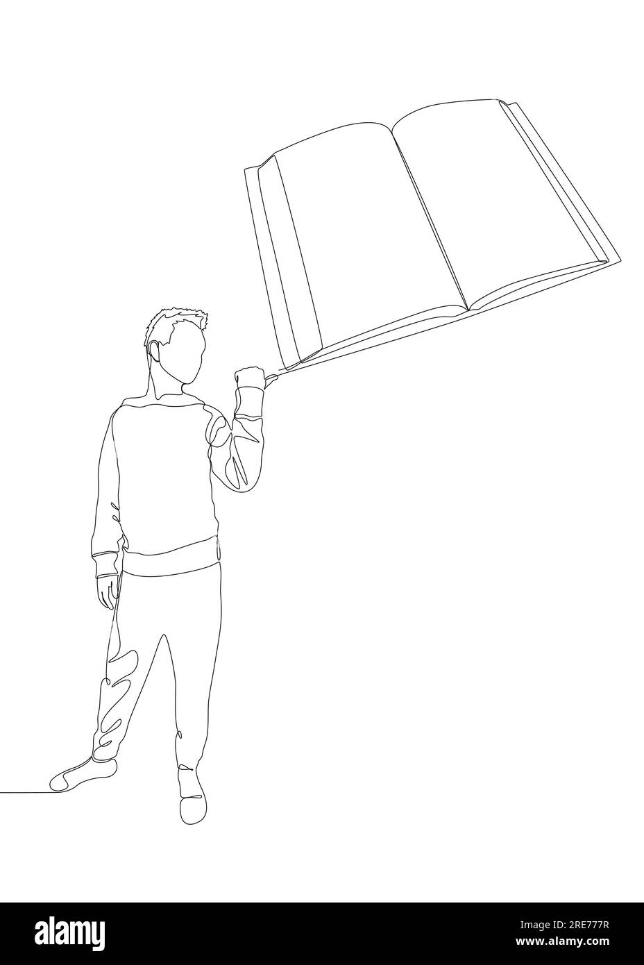 Eine durchgehende Linie von Mann zeigt mit dem Finger auf das Buch. Vektorkonzept zur Darstellung dünner Linien. Kontur Zeichnen kreativer Ideen. Stock Vektor