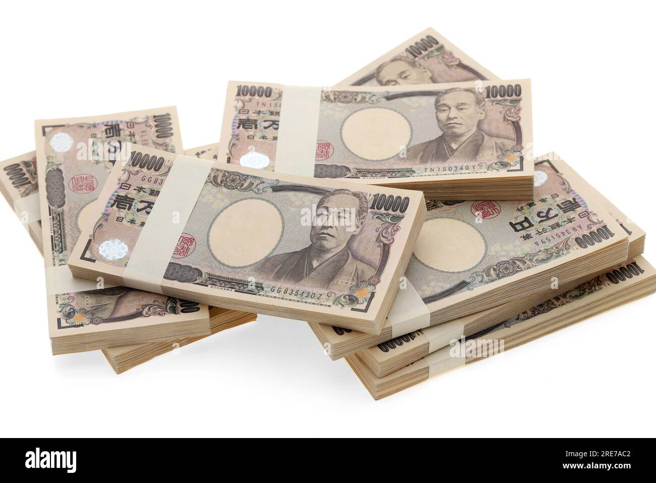 Ein Haufen japanischer Yen. 10.000 Yen Scheine. Die Banknoten werden auf Japanisch als "10.000 Yen" geschrieben. Stockfoto