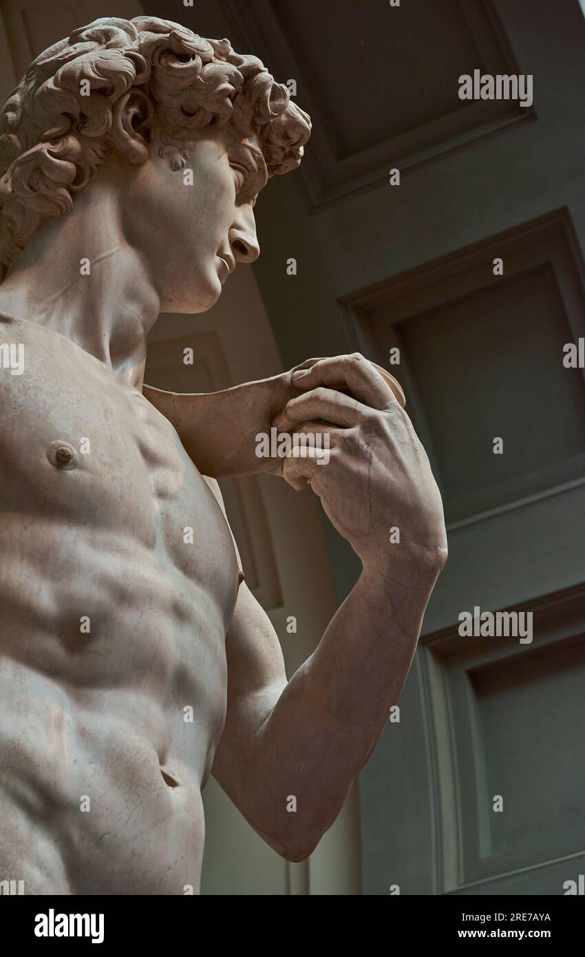 Fragment des berühmten David von Michelangelo in der Galleria dell'Accademia, Florenz Stockfoto
