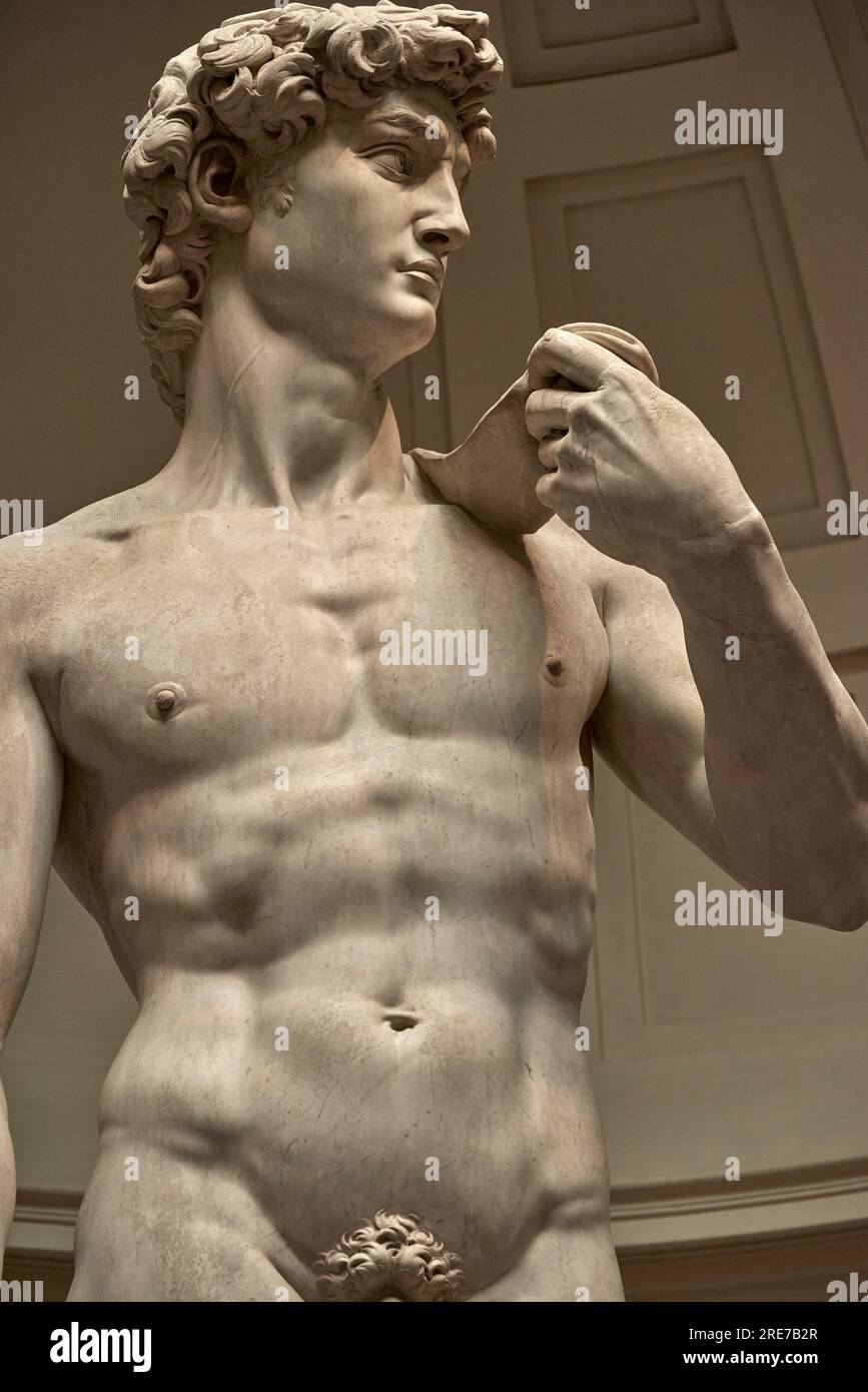 Fragment des berühmten David von Michelangelo in der Galleria dell'Accademia, Florenz Stockfoto