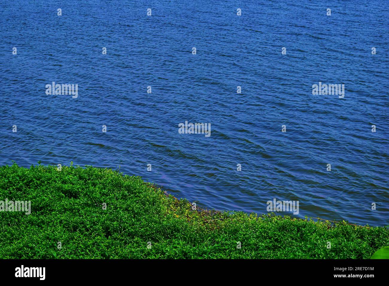 Tauchen Sie ein in den ruhigen Reiz eines malerischen Flusses in China, dessen kristallklares blaues Wasser den weiten blauen Himmel unter dem warmen emb reflektiert Stockfoto