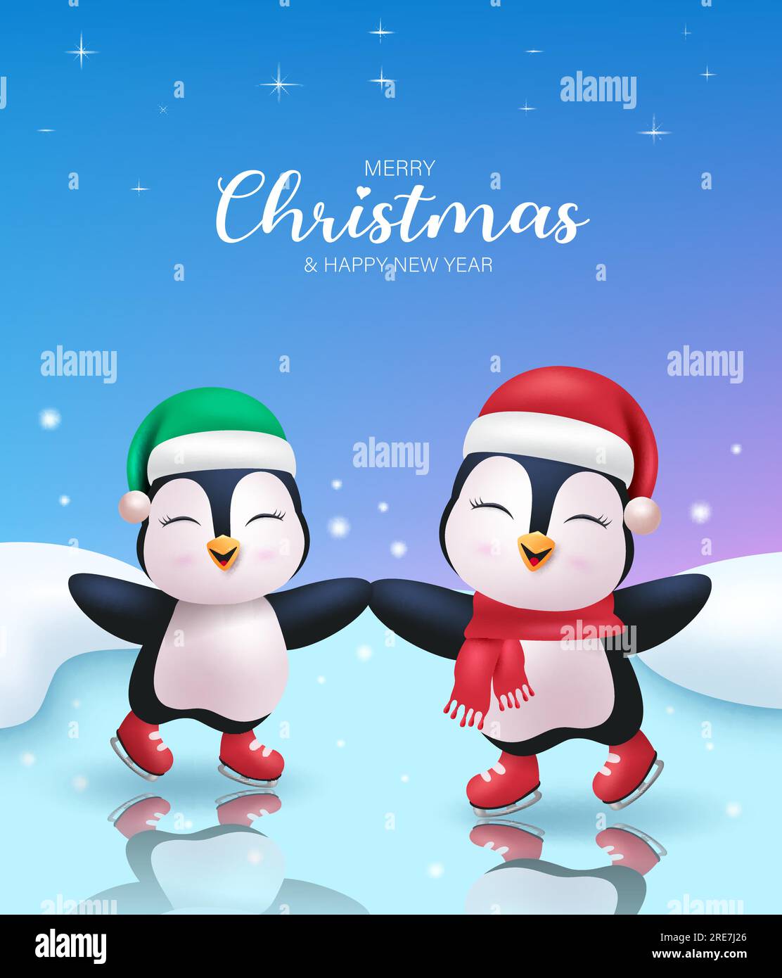 Weihnachtliches Pinguin-Motiv mit Vektormotiv. Frohe weihnachten und frohes neues Jahr Grußtext mit zwei lächelnden Pinguinen im Schneewetter Stock Vektor