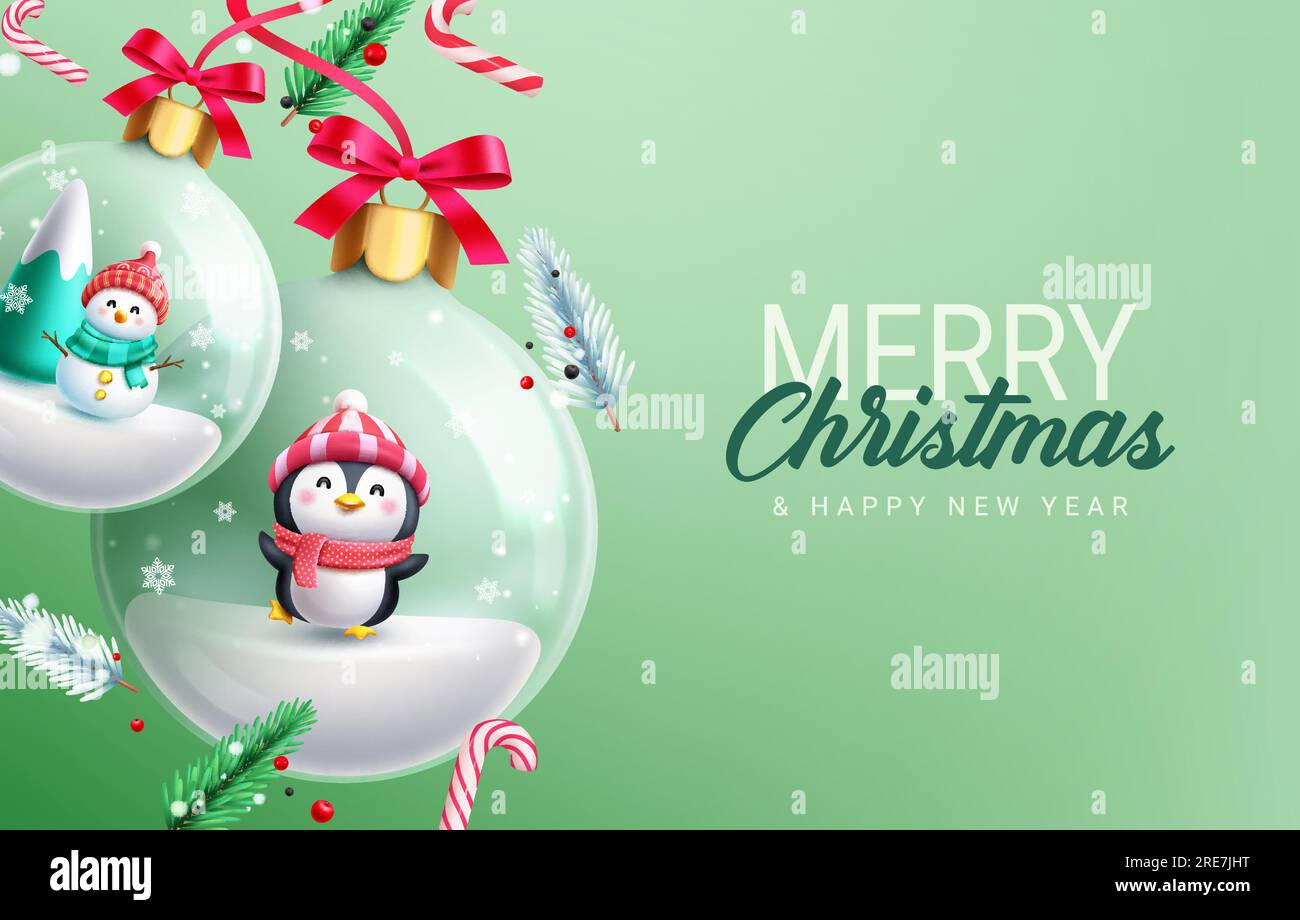 „Merry christmas“-Textvektordesign. Weihnachtsfiguren aus Schneemann und Pinguinen in Kristallkugeln dekorieren Elemente. Vektordarstellung für Urlaub Stock Vektor