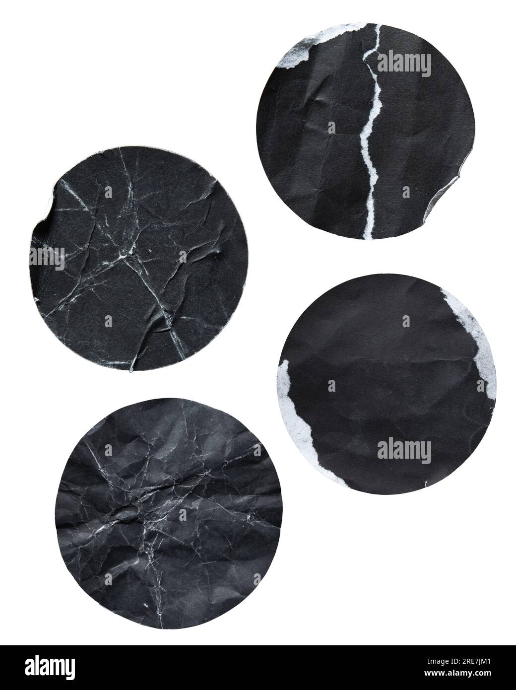 Schwarze alte Papieraufkleber strukturieren auf weißem Hintergrund mit Beschneidungspfad Stockfoto