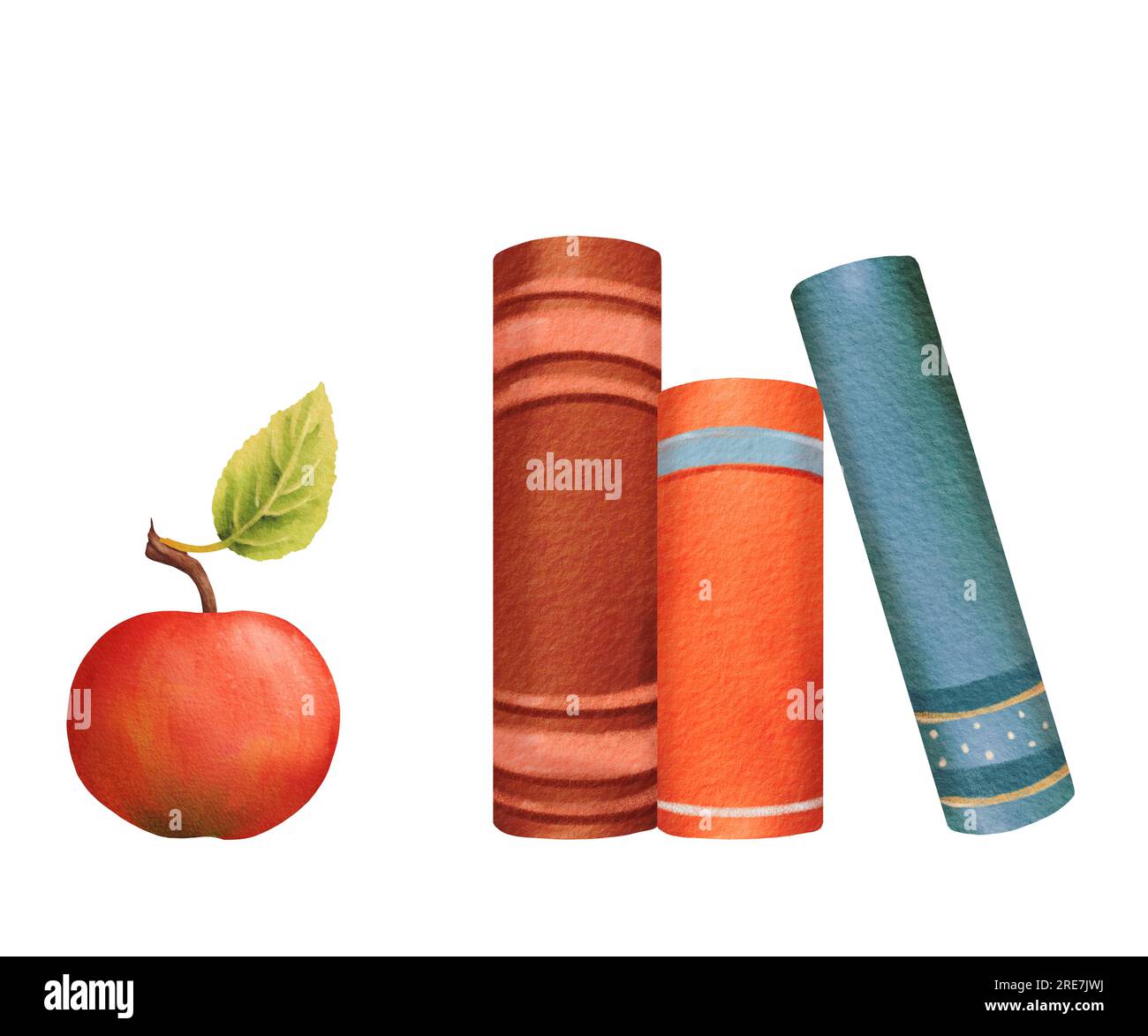 Komposition zurück zur Schule. Ein Haufen bunter Bücher mit einem Apfel. Wissen, Lernen, Lehrbücher. Komfort, Lesen, Bildung. Aquarell von Hand gezeichnet Stockfoto