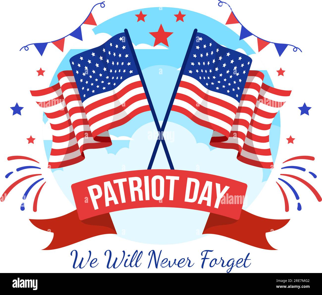 Happy USA Patriot Day Vector Illustration mit United States Flag, 911 Memorial und We will Never Forget Background Design handgezeichnete Vorlagen Stock Vektor