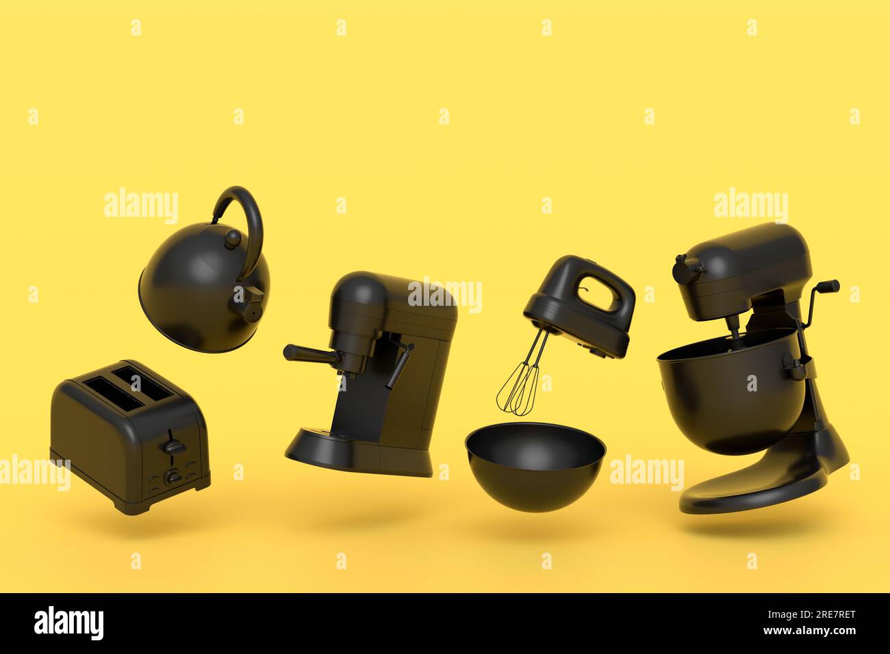 Espressomaschine, Handmixer, Wasserkocher und Toaster für die Zubereitung des Frühstücks auf monochromem Hintergrund. 3D Render der Kaffeeanne für die Herstellung von Latte Stockfoto