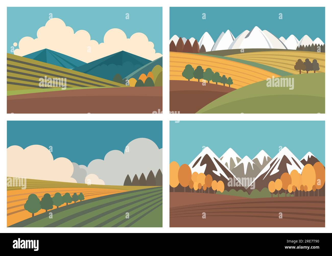 Vektordarstellung der Landschaft mit Bergen, Bäumen, Himmel und Wolken. Landwirtschaftlicher Hintergrund in flachen Retro-Farben. Stock Vektor