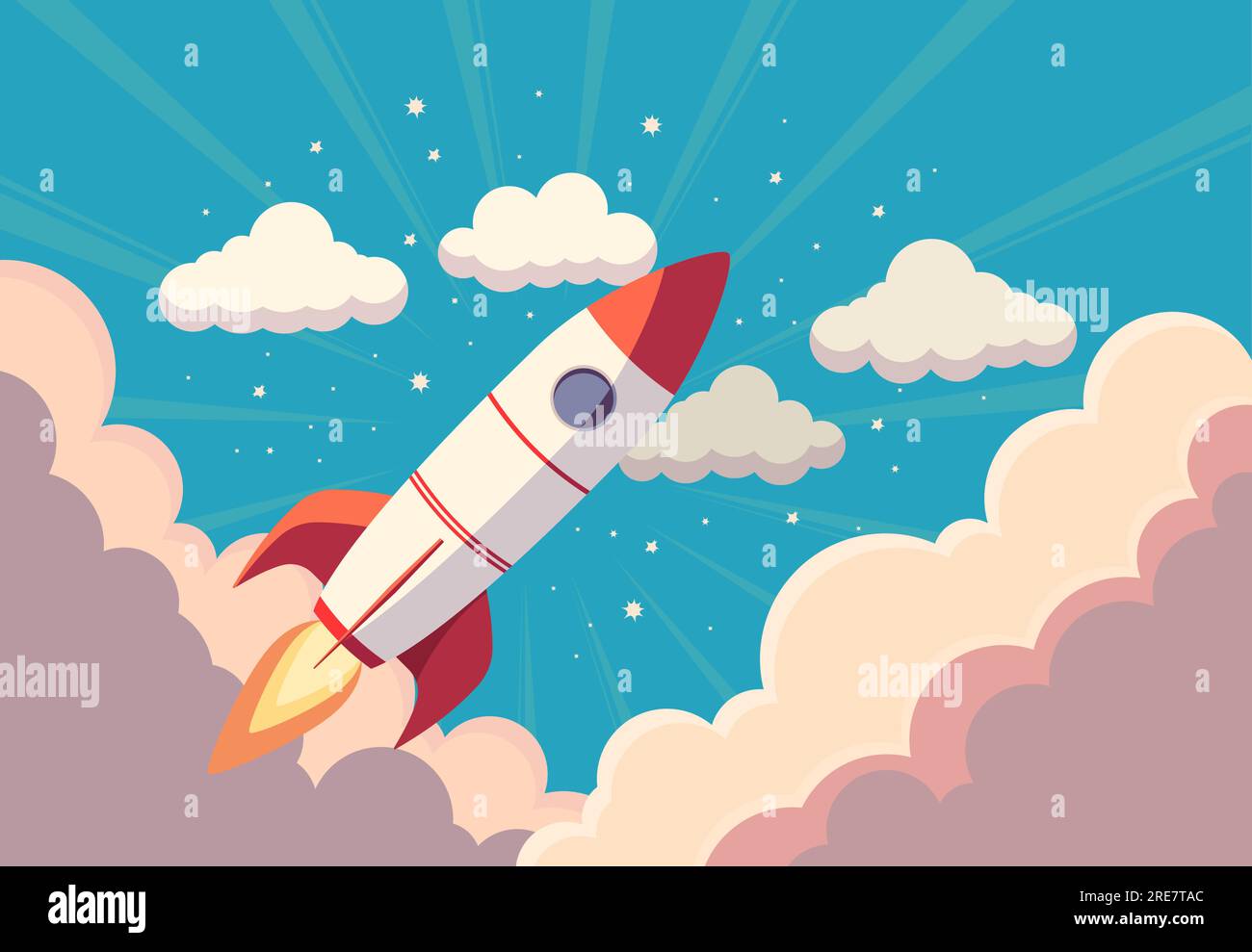 Eine Rakete fliegt durch die Wolken in den Weltraum. Raumschiff-Launch-Business-Konzept in einfachen Farben, flaches Design. Stock Vektor