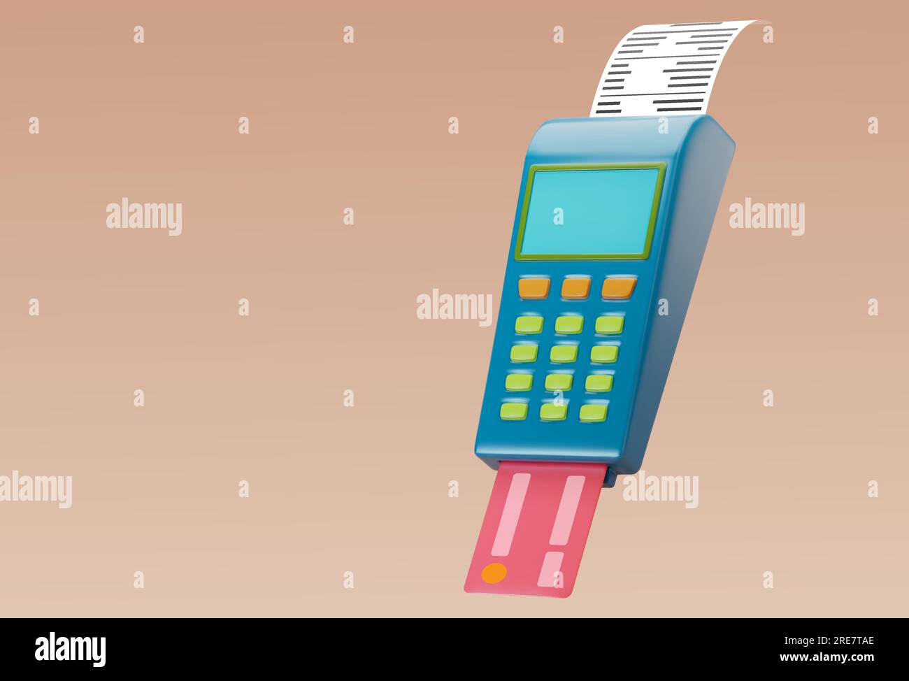 Vector-Zahlungsautomat und Kreditkarte. Ein realistisches POS-Terminal bestätigt die Zahlung per Plastikkarte. Stock Vektor