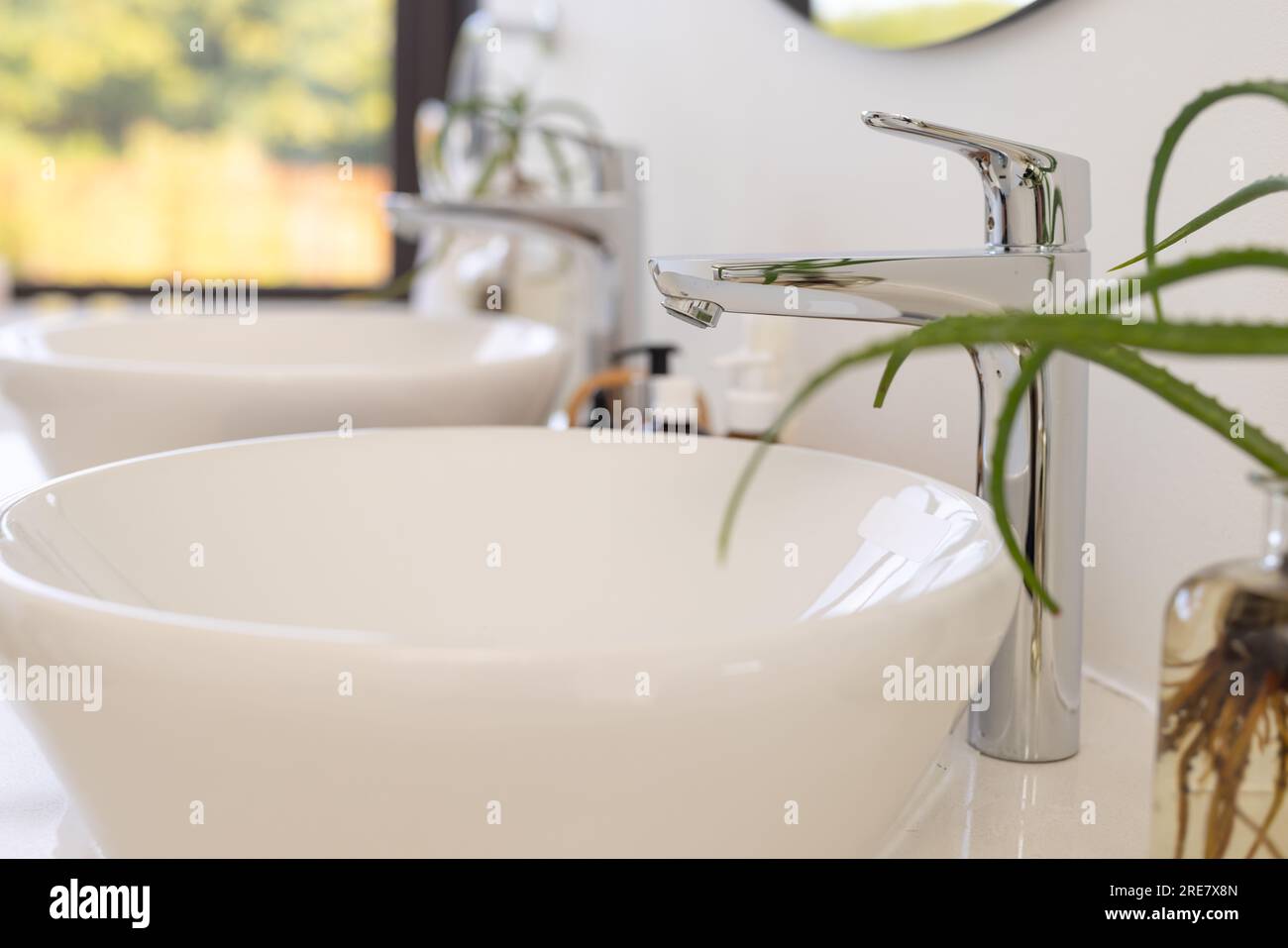 Nahaufnahme von runden weißen Waschbecken und Pflanzen im Badezimmer Stockfoto