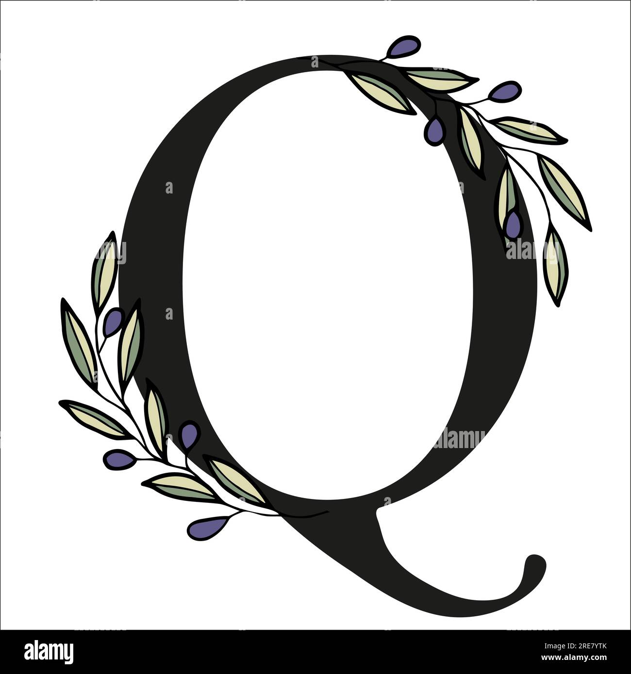 Buchstaben mit olivem Zweig zur Gestaltung einer Karte oder Hochzeitseinladung. Von Hand gezeichnete Vektordarstellung für die Konstruktion Stock Vektor