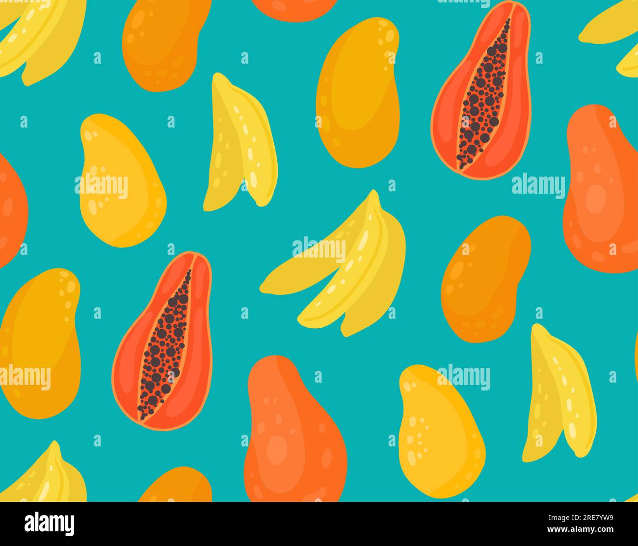 Einfaches, nahtloses Vektormuster mit tropischen Früchten. Konsistenz mit Mango, Papaya und Bananen auf türkisfarbenem Hintergrund. Oberflächengestaltung für Stoffe Stock Vektor