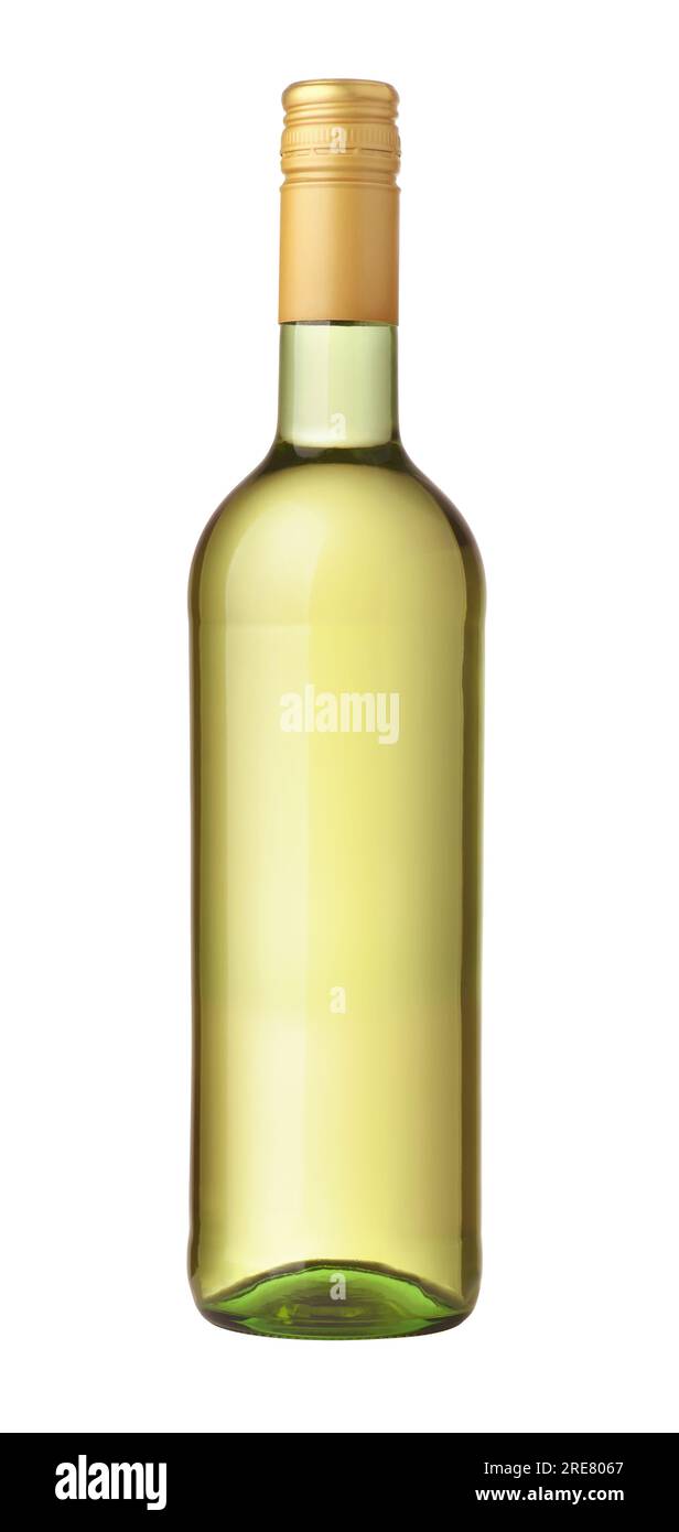 Vorderansicht einer unbeschrifteten Weißweinflasche mit goldenem Schraubverschluss, isoliert auf weiß Stockfoto