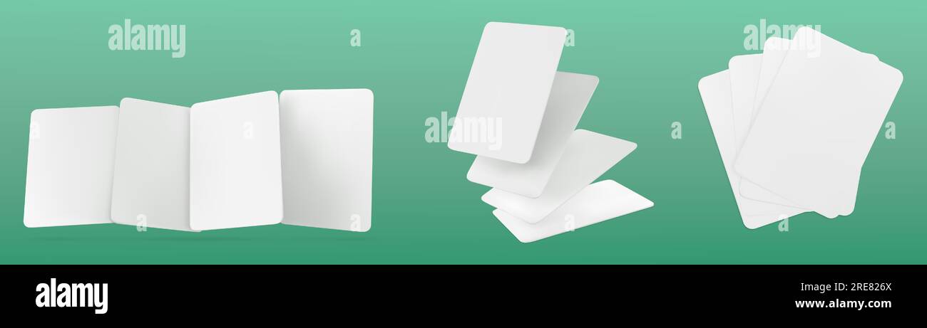 Realistischer Satz leerer Spielkarten mit weißer Oberfläche auf grünem Hintergrund. Vektordarstellung von Poker-Handmodellen, erfolgreichem Spiel, Verlust im Casino, Gewinnchancen, Glücksspielgeschäft Stock Vektor