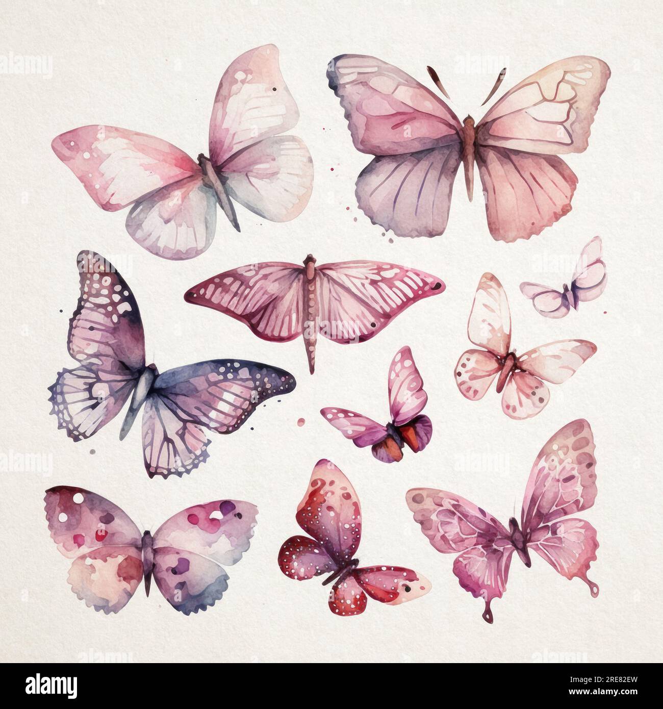 Sammlung von Aquarellen in Pink auf weißem Papierhintergrund Stockfoto