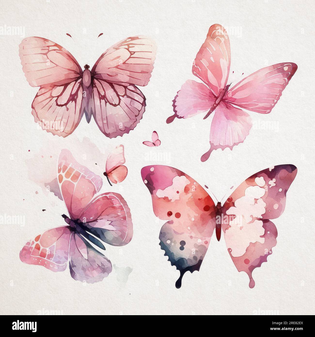 Sammlung von Aquarellen in Pink auf weißem Papierhintergrund Stockfoto