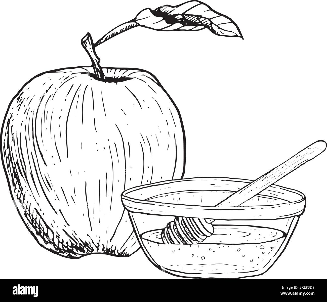 Apfelfrucht- und Honigschale mit Dipper Löffel-Vektorgrafik für den Urlaub in Rosh Hashanah. Jüdisches neues Jahr Stock Vektor