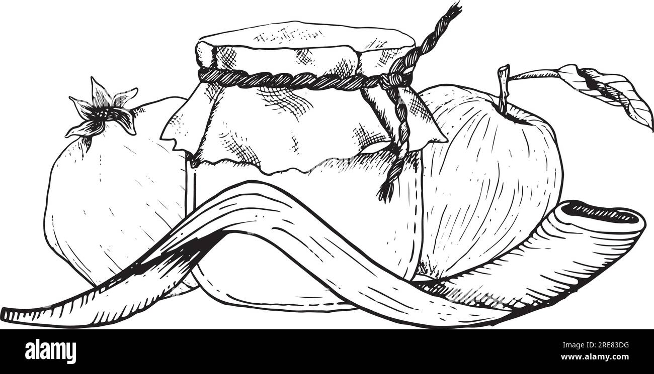 Happy Rosh Hashanah Grußkartenvorlage mit Honigglas, Granatapfelfrucht, Apfel, Schofarhorn Vektorgrafik Stock Vektor