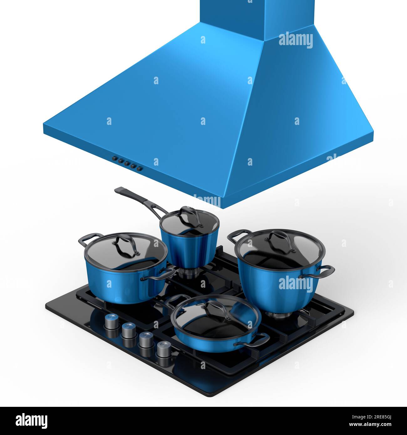 Set aus Küchenutensilien, Stewpot, Bratpfanne und Chrom-Kochgeschirr, das auf Regalen hängt, sowie Elektro- oder Gasherd mit Dunstabzugshaube auf weißem Hintergrund. Stockfoto