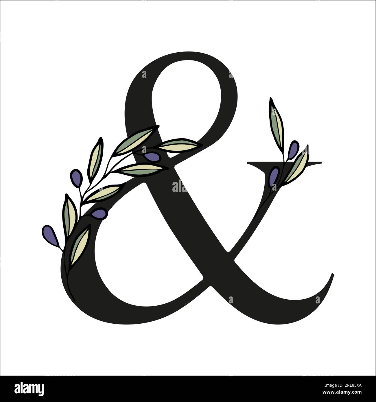 Buchstaben mit olivem Zweig zur Gestaltung einer Karte oder Hochzeitseinladung. Von Hand gezeichnete Vektordarstellung für die Konstruktion Stock Vektor