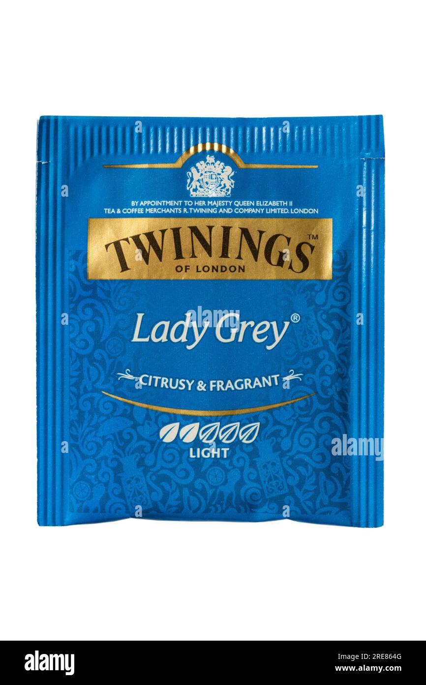 Lady Grey Teebeutel aus Twinings isoliert auf weißem Hintergrund - Twinings Lady Grey Teebeutel - Royal Warrant Stockfoto