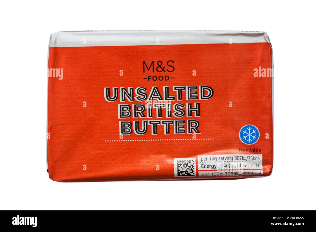 Packung ungesalzener britischer Butter von M&S, isoliert auf weißem Hintergrund Stockfoto