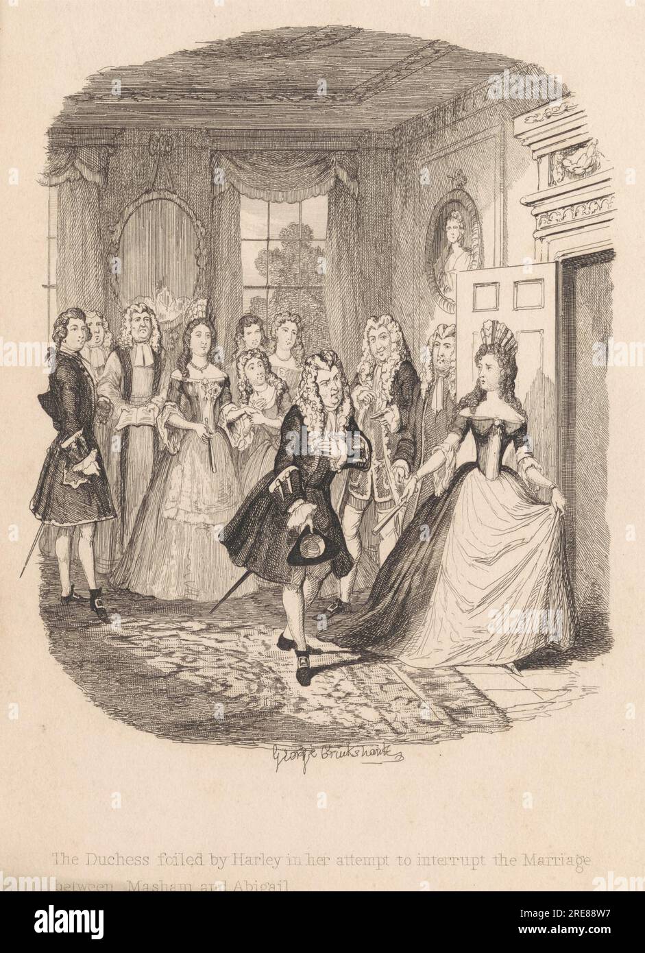 Die Herzogin hat Harley vereitelt, als sie versuchte, die Ehe zwischen Masham und Abigail zu unterbrechen, von George Cruikshank Stockfoto