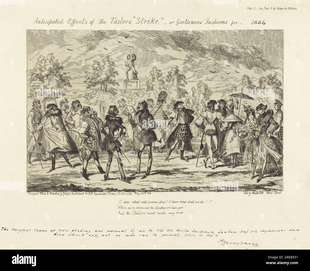 „George Cruikshank, voraussichtliche Auswirkungen der Schneider“ „Strike“, 1834, Ätzen (Retrike), Platte: 27,8 x 38 cm (10 15/16 x 14 15/16 Zoll) Blatt: 35,9 x 49,4 cm (14 1/8 x 19 7/16 Zoll), Rosenwald Collection, 1980.45.344' Stockfoto