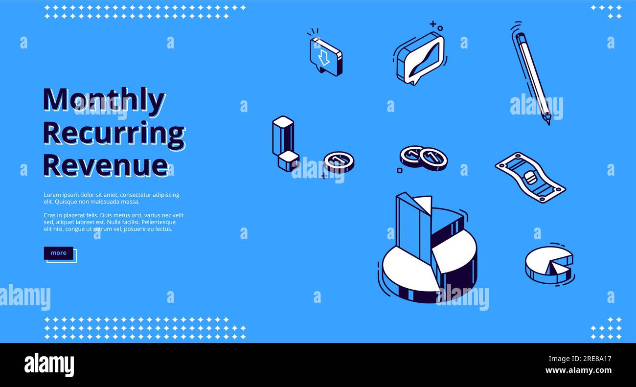 Monatlich wiederkehrender Umsatz, isometrische mrr-Landing-Page. Tortendiagramm, Stift, Münzen und Geldschein in Papierform auf blauem Hintergrund. Budget- und Einkommensberechnung, Ergebnisanalyse 3D Vektorlinien Webbanner Stock Vektor